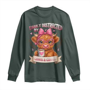 Easily Distracted By Cow And Coffee Long Sleeve Shirt Funny Highland Cow TS12 Dark Forest Green Print Your Wear