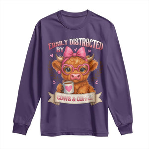 Easily Distracted By Cow And Coffee Long Sleeve Shirt Funny Highland Cow TS12 Purple Print Your Wear