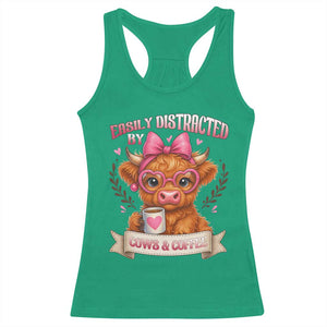 Easily Distracted By Cow And Coffee Racerback Tank Top Funny Highland Cow TS12 Irish Green Print Your Wear