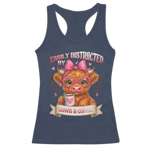 Easily Distracted By Cow And Coffee Racerback Tank Top Funny Highland Cow TS12 Navy Print Your Wear