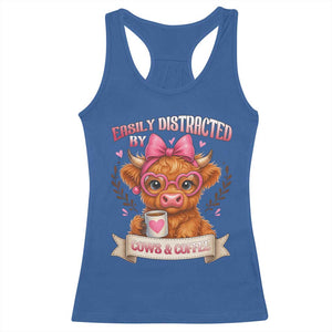 Easily Distracted By Cow And Coffee Racerback Tank Top Funny Highland Cow TS12 Royal Blue Print Your Wear