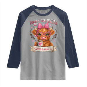 Easily Distracted By Cow And Coffee Raglan Shirt Funny Highland Cow TS12 Sport Gray Navy Print Your Wear