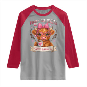 Easily Distracted By Cow And Coffee Raglan Shirt Funny Highland Cow TS12 Sport Gray Red Print Your Wear