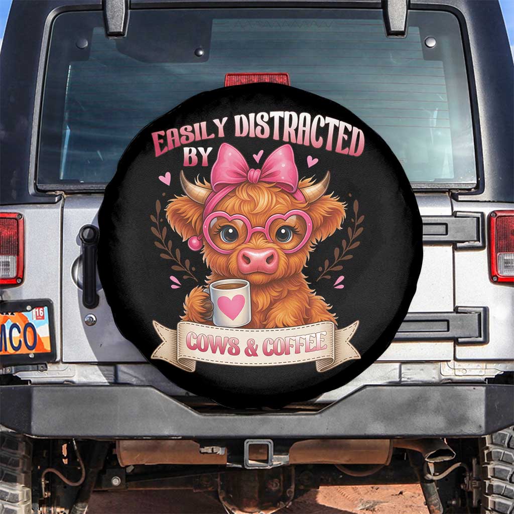 Easily Distracted By Cow And Coffee Spare Tire Cover Funny Highland Cow TS12 No hole Black Print Your Wear