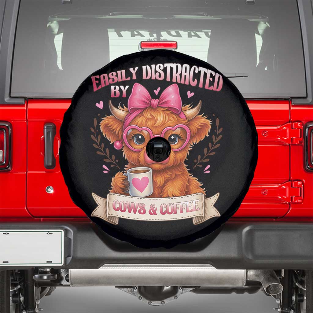Easily Distracted By Cow And Coffee Spare Tire Cover Funny Highland Cow TS12 Black Print Your Wear