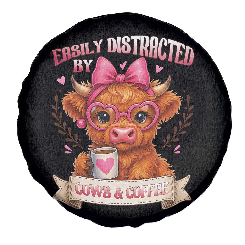 Easily Distracted By Cow And Coffee Spare Tire Cover Funny Highland Cow TS12 Print Your Wear