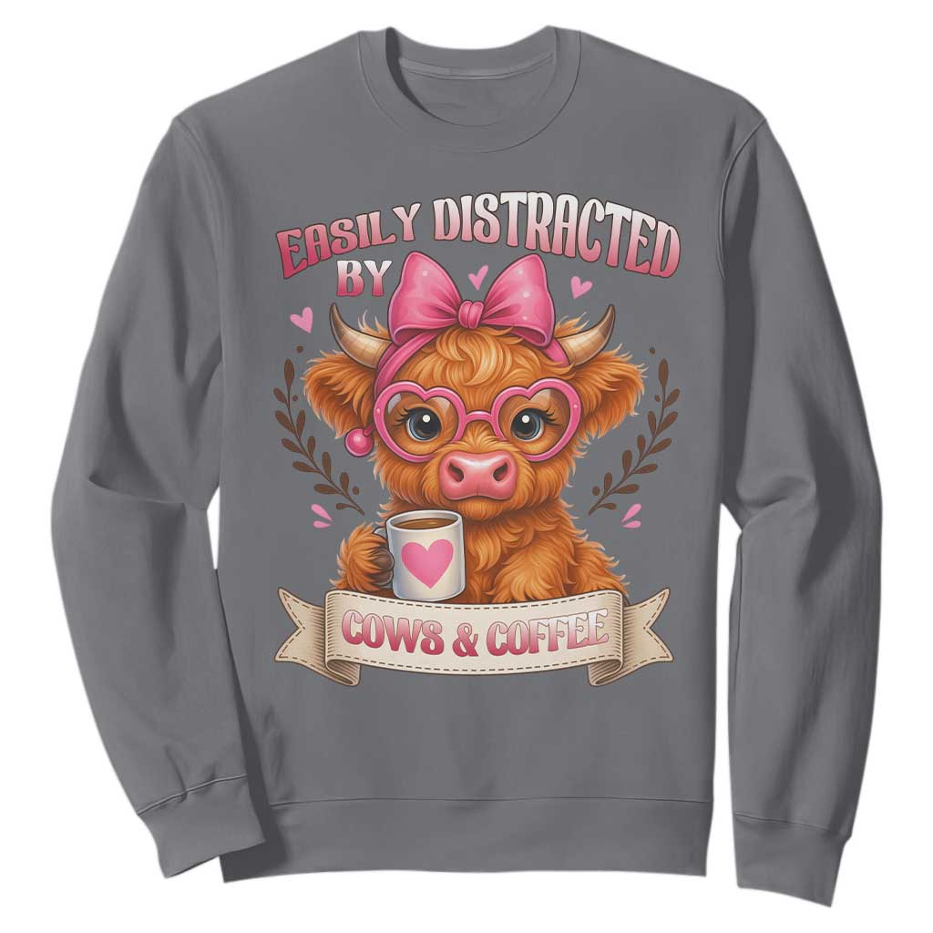 Easily Distracted By Cow And Coffee Sweatshirt Funny Highland Cow TS12 Charcoal Print Your Wear