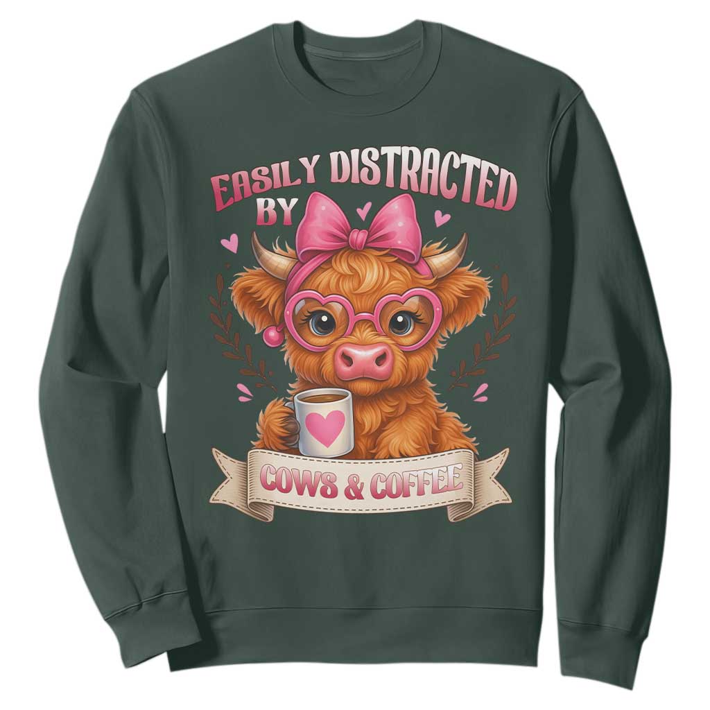 Easily Distracted By Cow And Coffee Sweatshirt Funny Highland Cow TS12 Dark Forest Green Print Your Wear