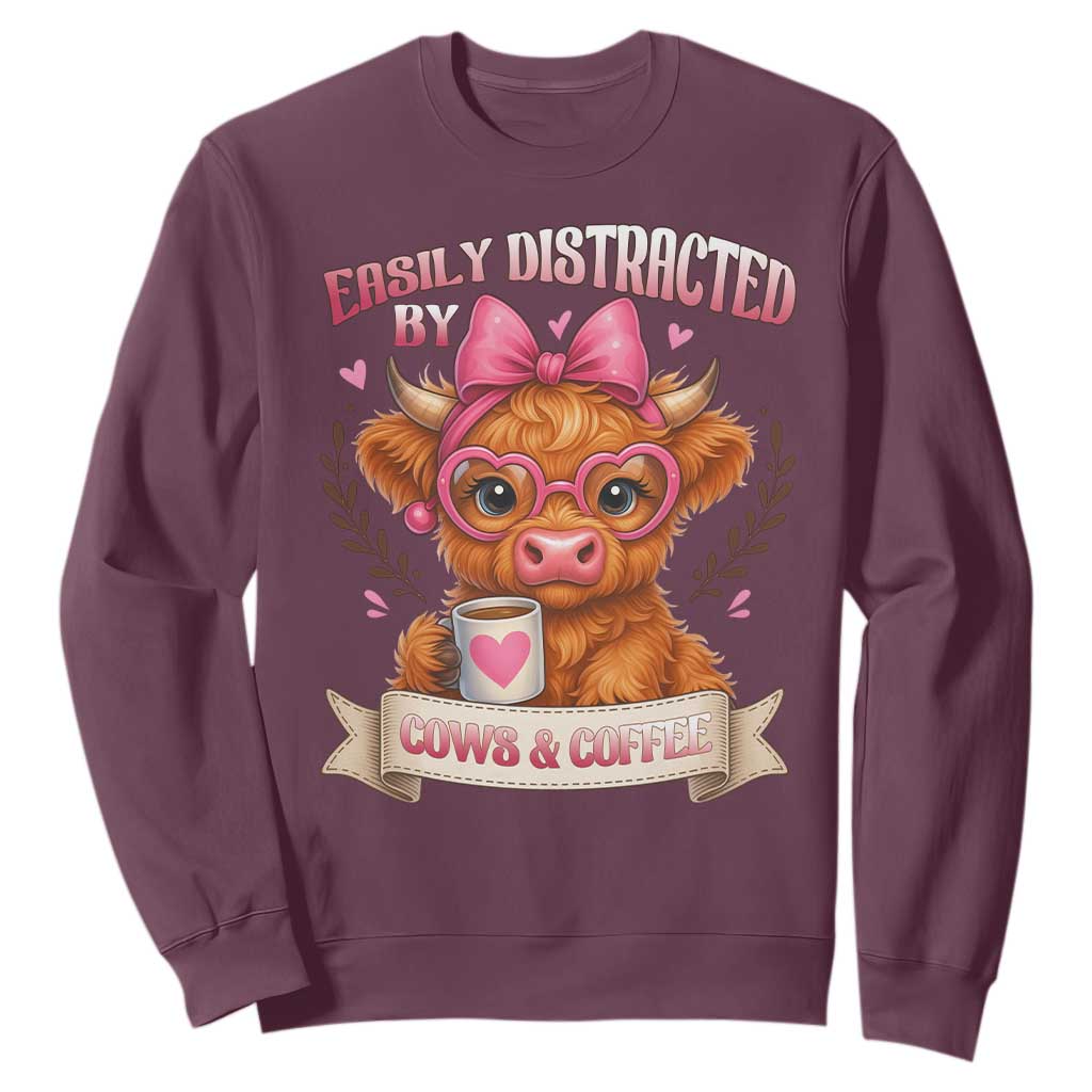 Easily Distracted By Cow And Coffee Sweatshirt Funny Highland Cow TS12 Maroon Print Your Wear