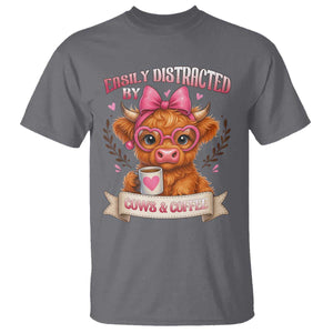 Easily Distracted By Cow And Coffee T Shirt Funny Highland Cow TS12 Charcoal Print Your Wear