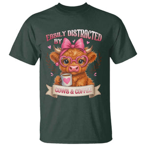 Easily Distracted By Cow And Coffee T Shirt Funny Highland Cow TS12 Dark Forest Green Print Your Wear