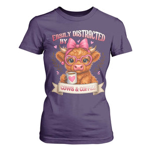 Easily Distracted By Cow And Coffee T Shirt For Women Funny Highland Cow TS12 Purple Print Your Wear