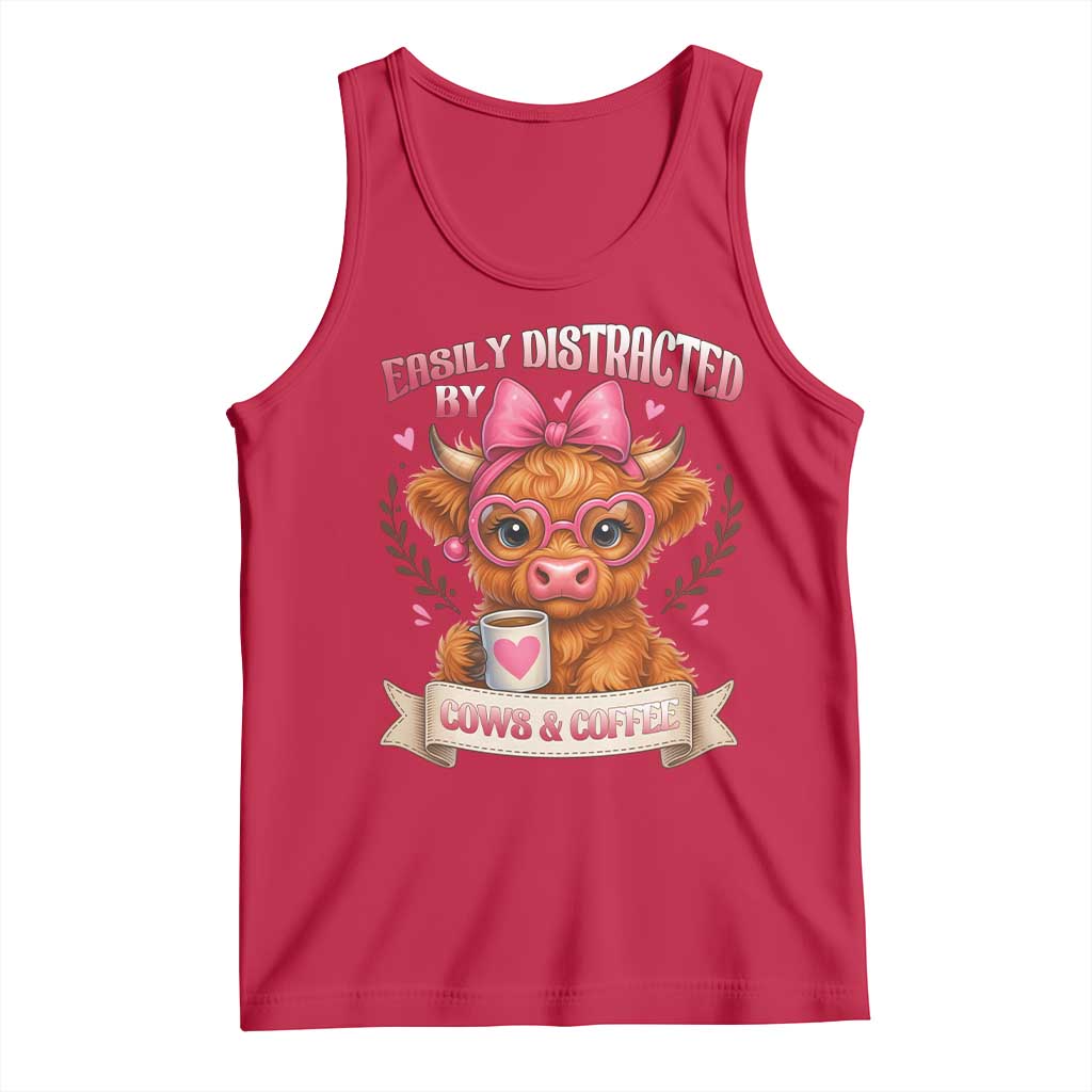 Easily Distracted By Cow And Coffee Tank Top Funny Highland Cow TS12 Red Print Your Wear