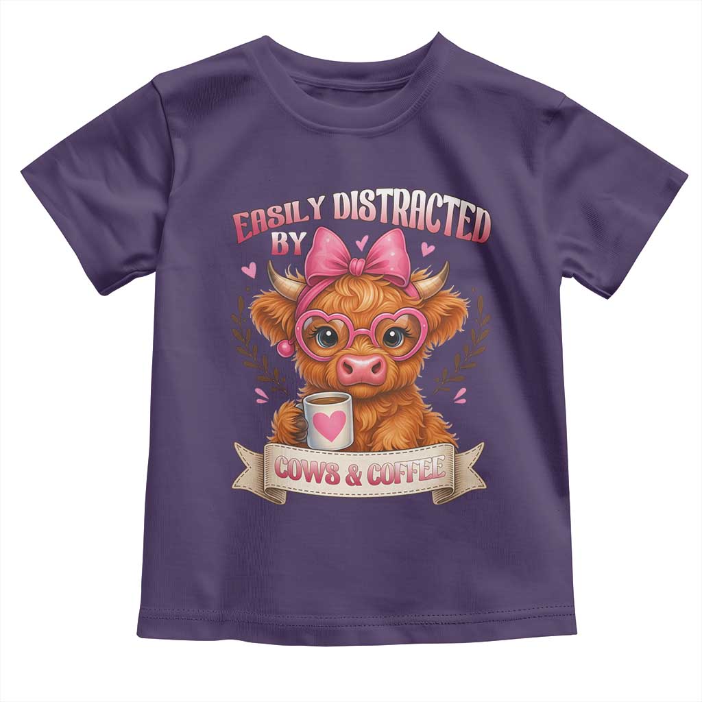 Easily Distracted By Cow And Coffee Toddler T Shirt Funny Highland Cow TS12 Purple Print Your Wear