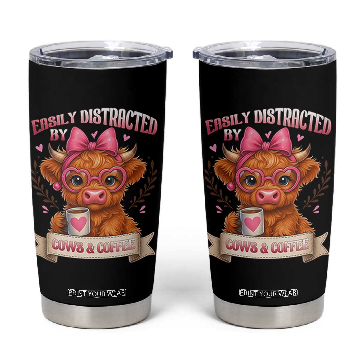 Easily Distracted By Cow And Coffee Tumbler Cup Funny Highland Cow TS12 Black Print Your Wear