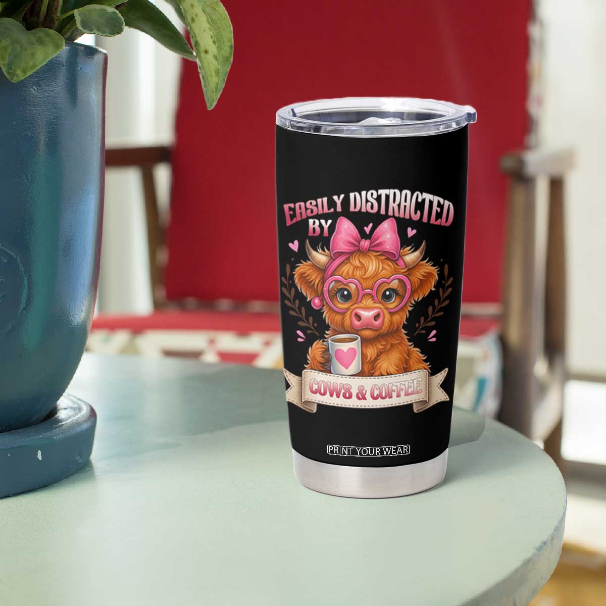 Easily Distracted By Cow And Coffee Tumbler Cup Funny Highland Cow TS12 Print Your Wear