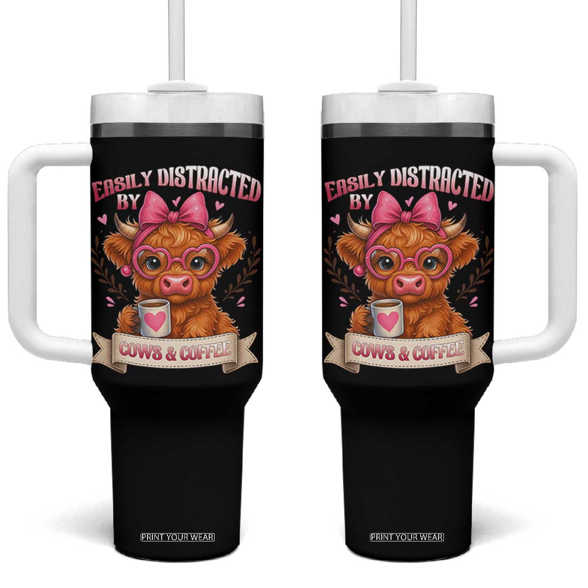 Easily Distracted By Cow And Coffee Tumbler With Handle Funny Highland Cow TS12 One Size: 40 oz Black Print Your Wear