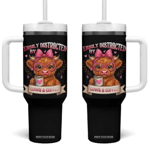 Easily Distracted By Cow And Coffee Tumbler With Handle Funny Highland Cow TS12 One Size: 40 oz Black Print Your Wear