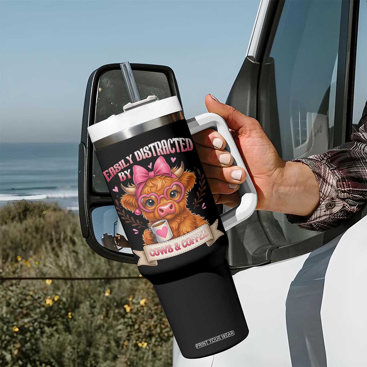 Easily Distracted By Cow And Coffee Tumbler With Handle Funny Highland Cow TS12 Print Your Wear