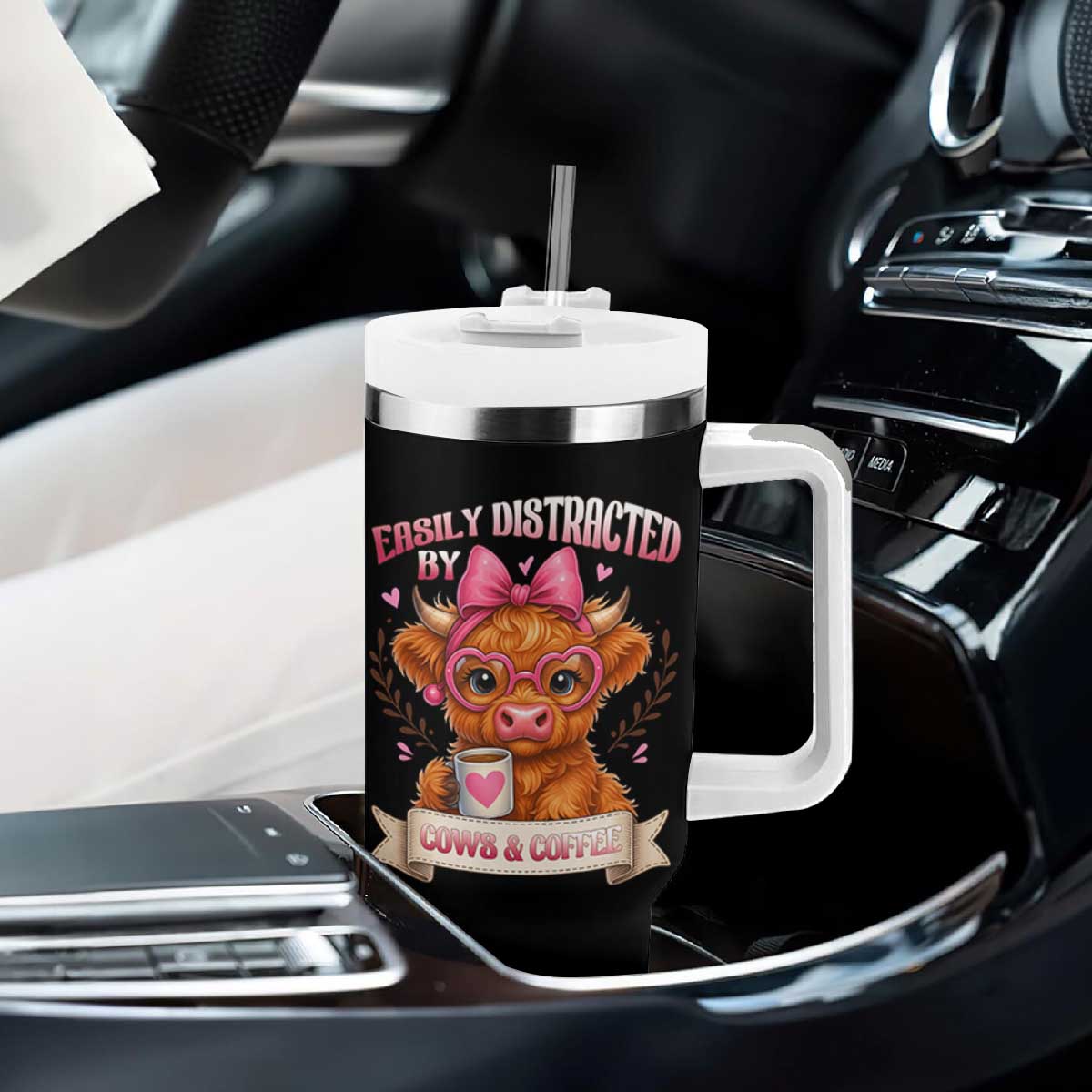 Easily Distracted By Cow And Coffee Tumbler With Handle Funny Highland Cow TS12 Print Your Wear