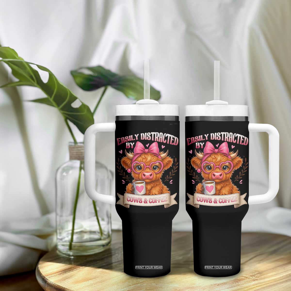 Easily Distracted By Cow And Coffee Tumbler With Handle Funny Highland Cow TS12 Print Your Wear