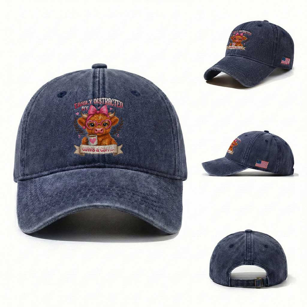 Easily Distracted By Cow And Coffee Washed Cotton Baseball Cap Funny Highland Cow TS12 Washed Cap Universal Fit Navy Print Your Wear