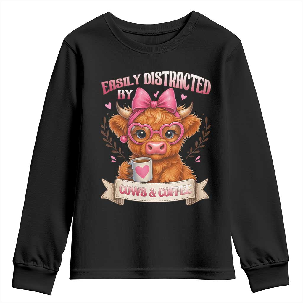 Easily Distracted By Cow And Coffee Youth Sweatshirt Funny Highland Cow TS12 Black Print Your Wear