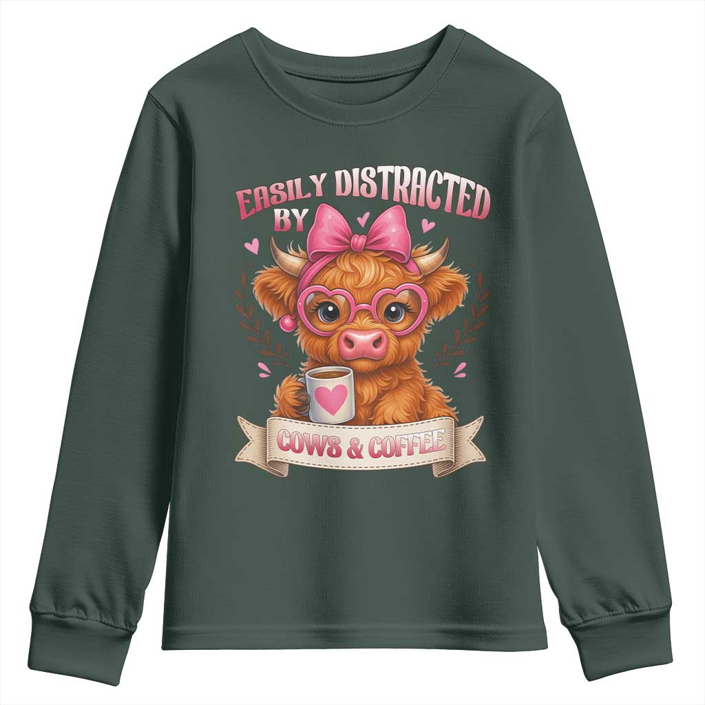 Easily Distracted By Cow And Coffee Youth Sweatshirt Funny Highland Cow TS12 Dark Forest Green Print Your Wear