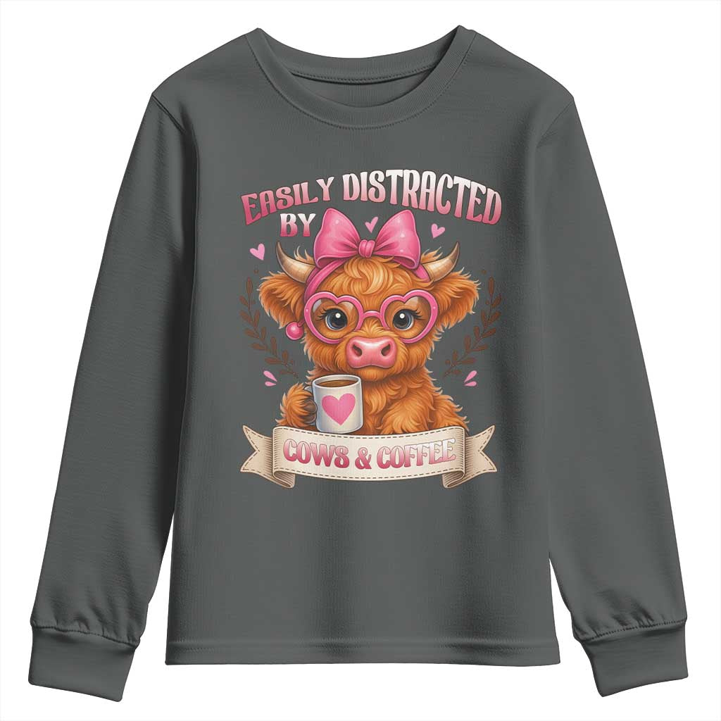 Easily Distracted By Cow And Coffee Youth Sweatshirt Funny Highland Cow TS12 Dark Heather Print Your Wear