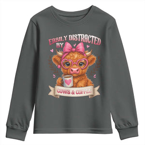 Easily Distracted By Cow And Coffee Youth Sweatshirt Funny Highland Cow TS12 Dark Heather Print Your Wear