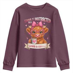 Easily Distracted By Cow And Coffee Youth Sweatshirt Funny Highland Cow TS12 Maroon Print Your Wear