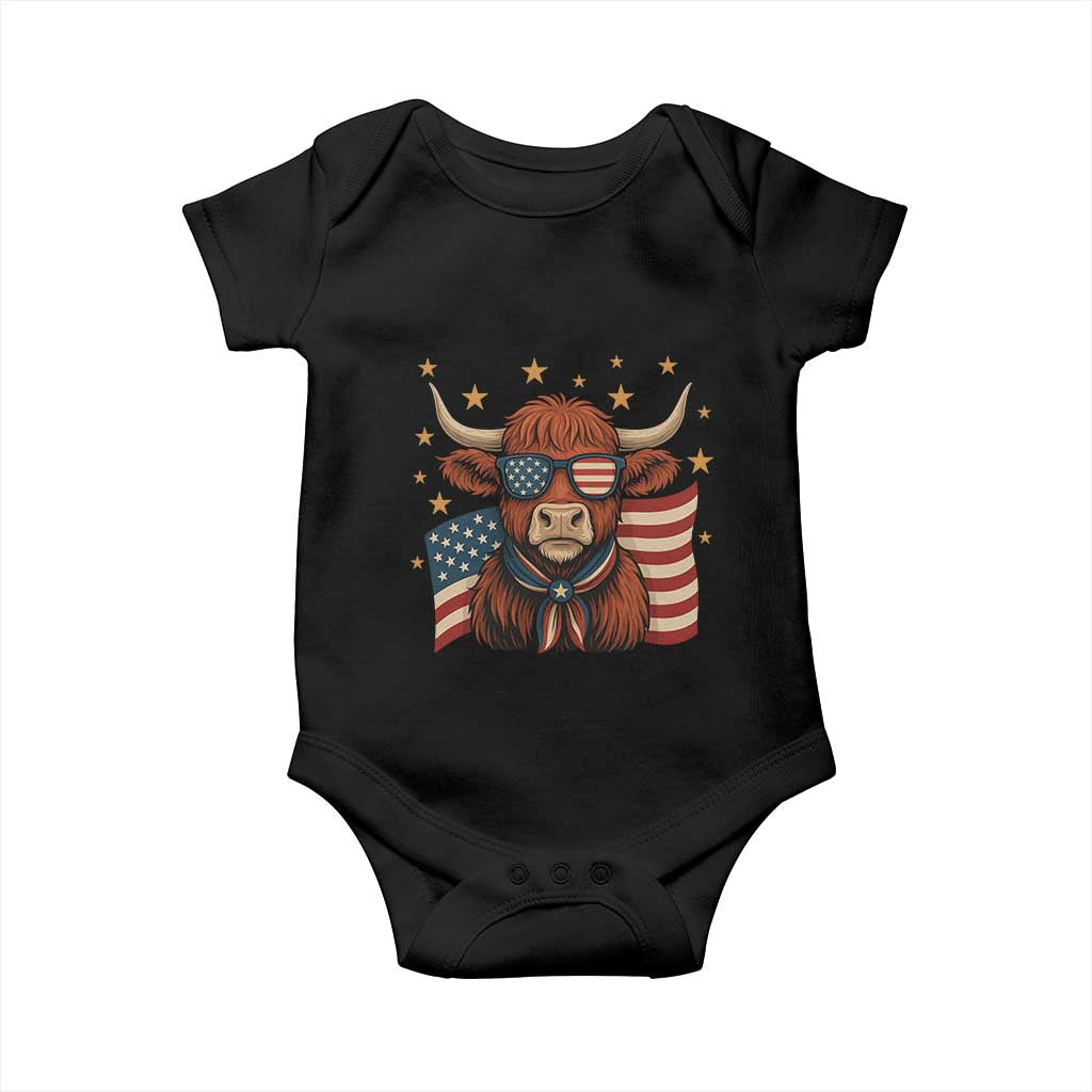 Funny Highland Cow Baby Onesie USA Flag Patriotic Cow Farmer TS12 Black Print Your Wear