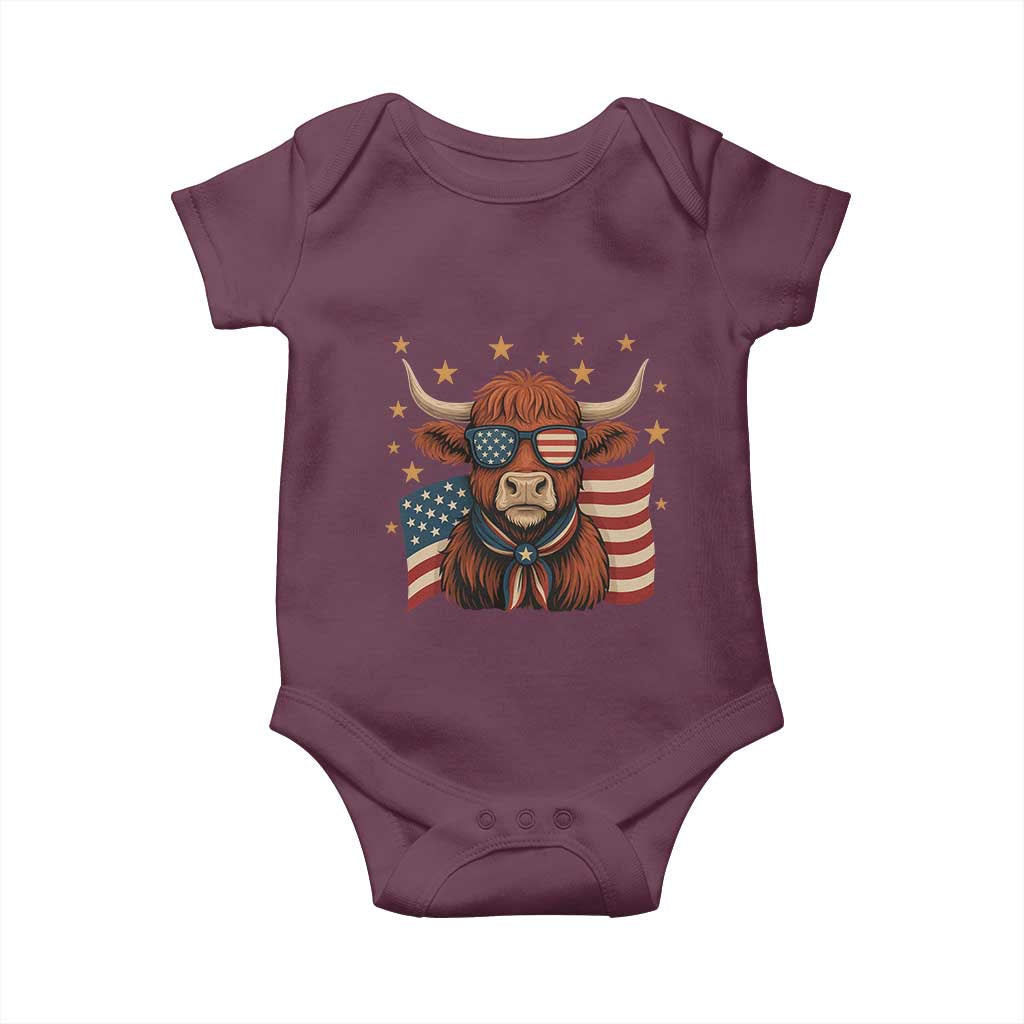 Funny Highland Cow Baby Onesie USA Flag Patriotic Cow Farmer TS12 Maroon Print Your Wear
