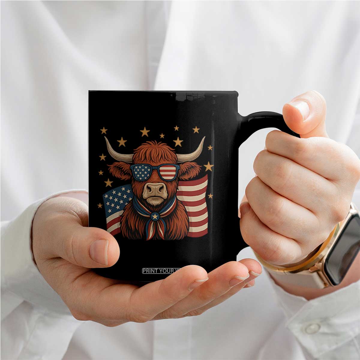 Funny Highland Cow Coffee Mug USA Flag Patriotic Cow Farmer TS12 Print Your Wear