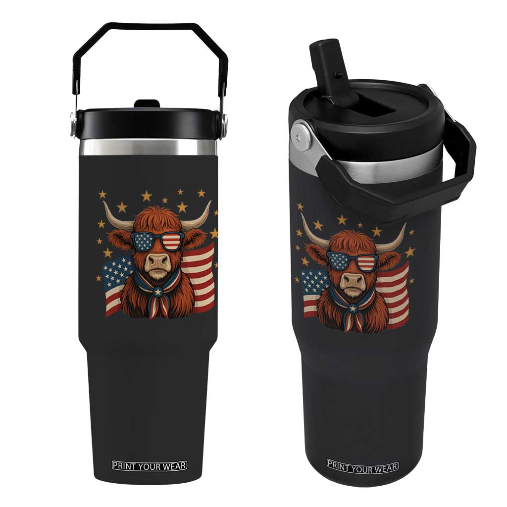 Funny Highland Cow Flip Straw Tumbler USA Flag Patriotic Cow Farmer TS12 One Size: 30 oz Black Print Your Wear