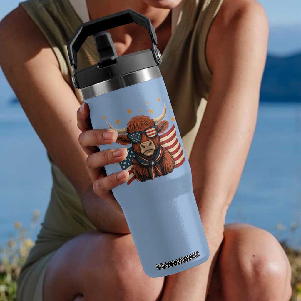 Funny Highland Cow Flip Straw Tumbler USA Flag Patriotic Cow Farmer TS12 One Size: 30 oz Light Blue Print Your Wear