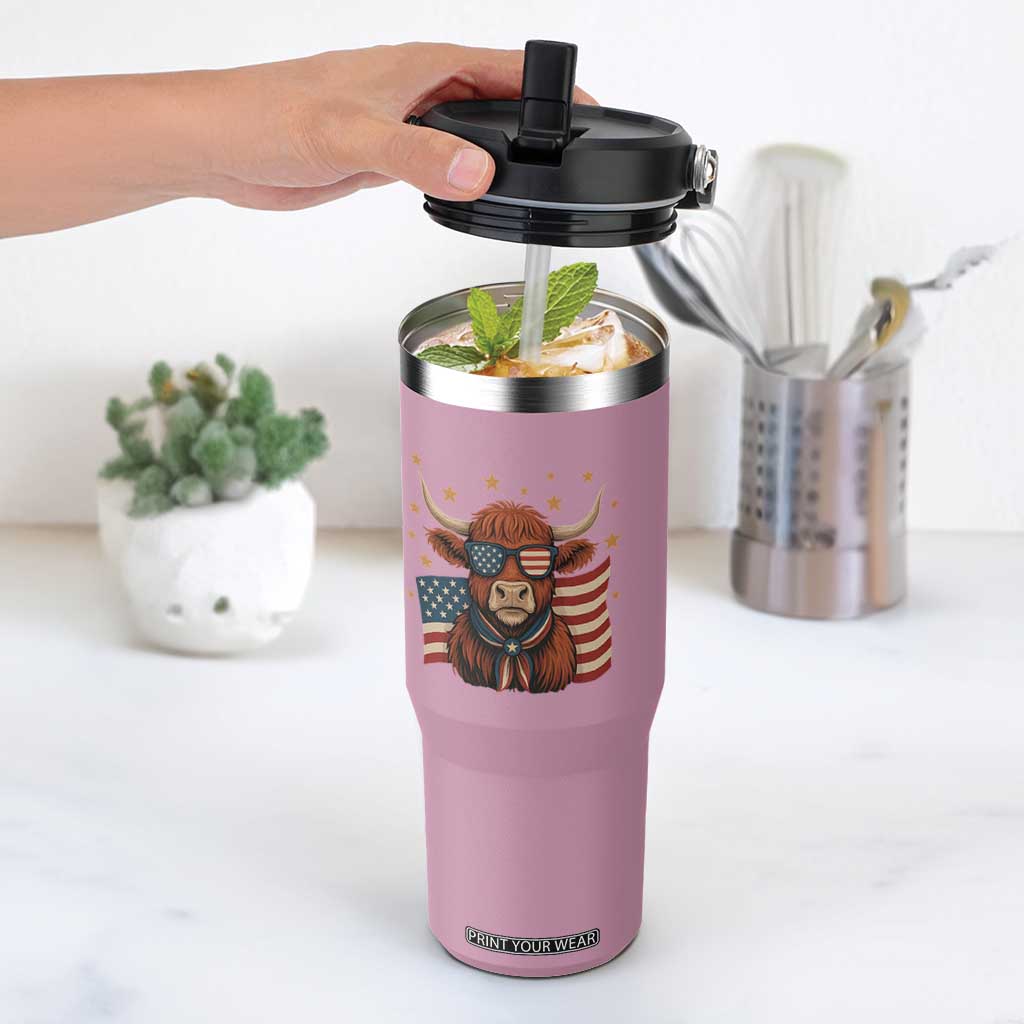 Funny Highland Cow Flip Straw Tumbler USA Flag Patriotic Cow Farmer TS12 One Size: 30 oz Light Pink Print Your Wear