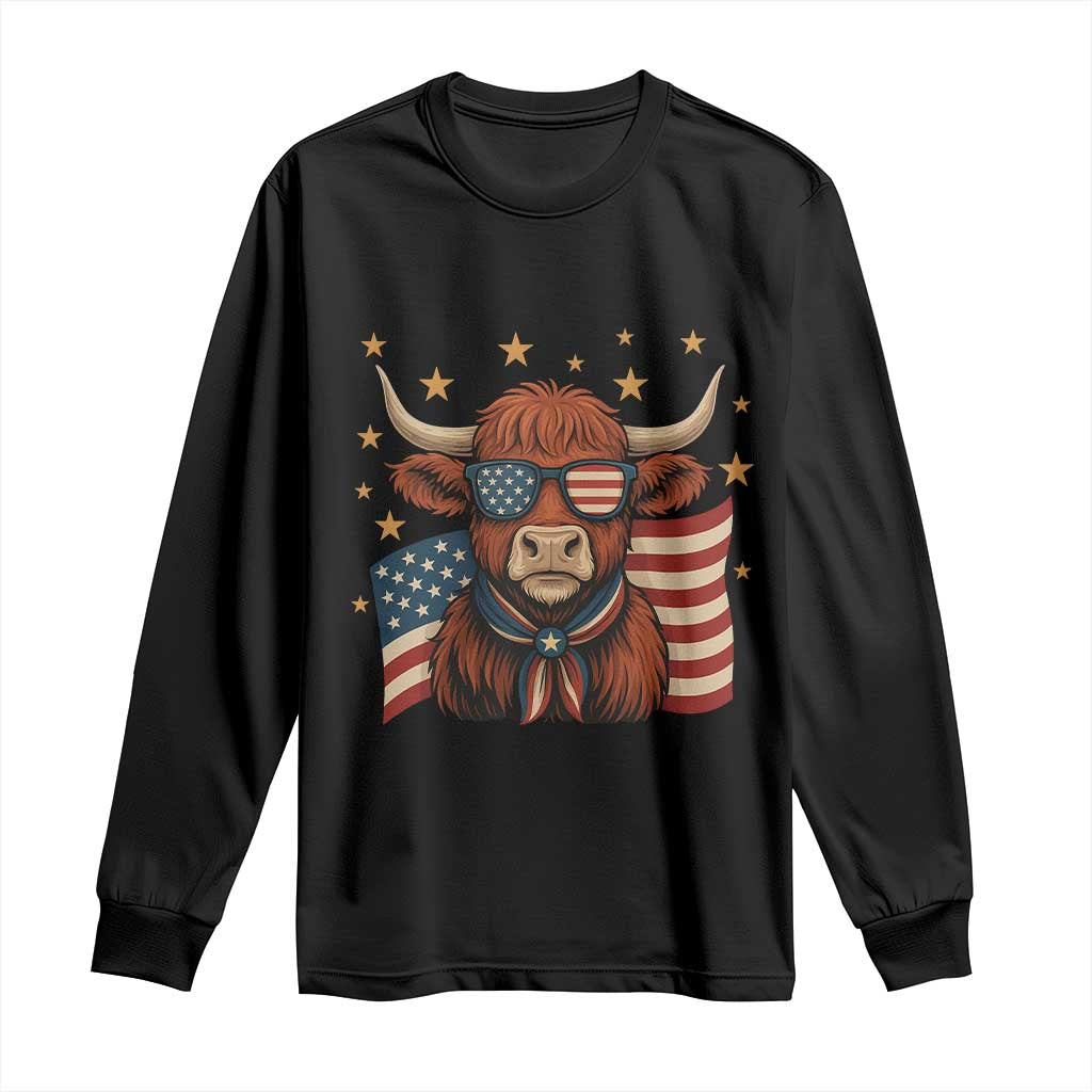 Funny Highland Cow Long Sleeve Shirt USA Flag Patriotic Cow Farmer TS12 Black Print Your Wear