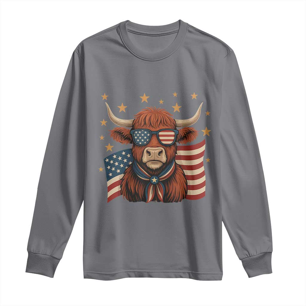 Funny Highland Cow Long Sleeve Shirt USA Flag Patriotic Cow Farmer TS12 Charcoal Print Your Wear