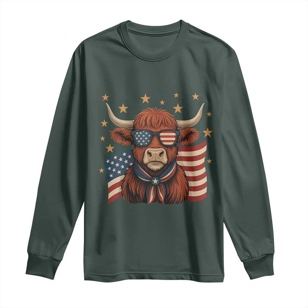 Funny Highland Cow Long Sleeve Shirt USA Flag Patriotic Cow Farmer TS12 Dark Forest Green Print Your Wear