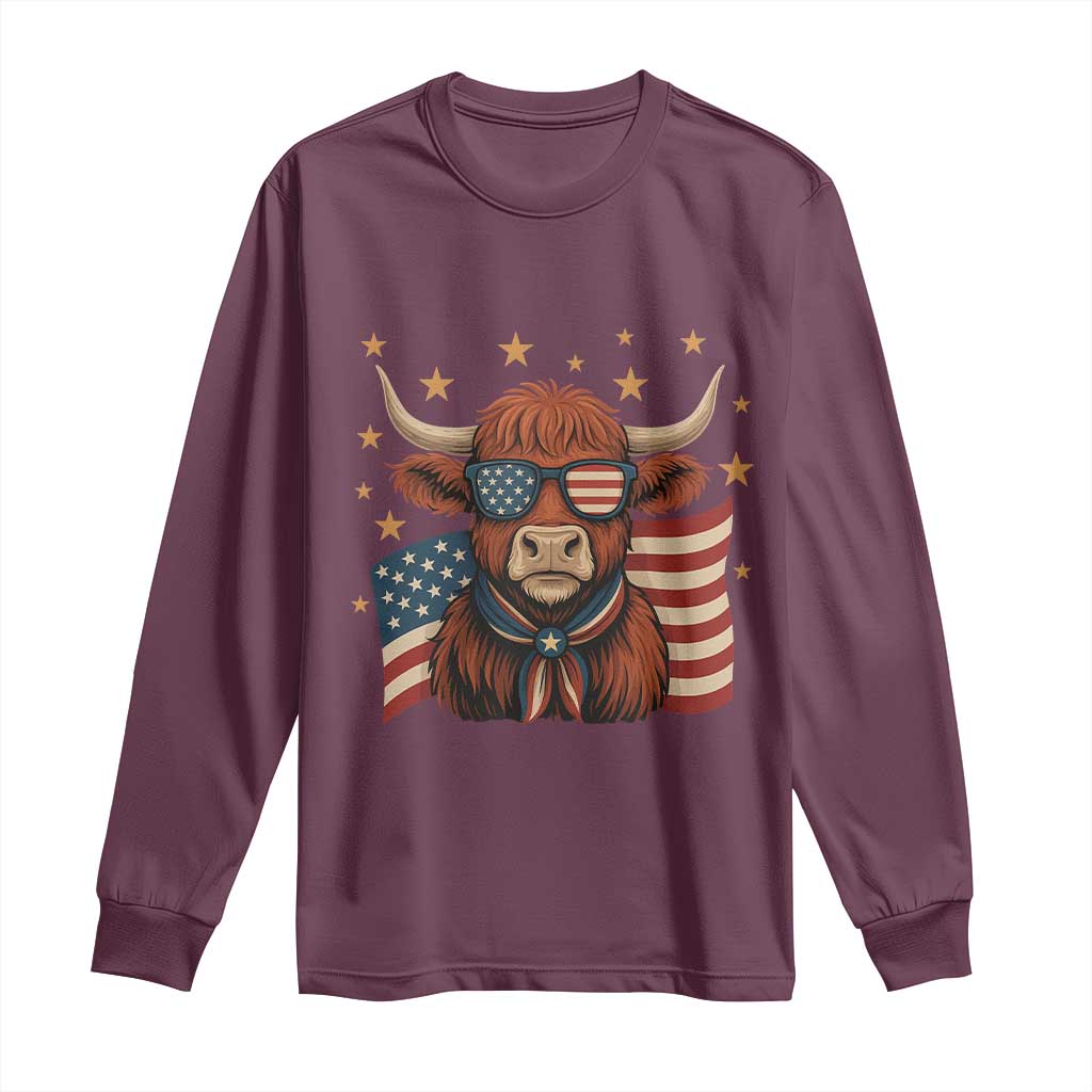 Funny Highland Cow Long Sleeve Shirt USA Flag Patriotic Cow Farmer TS12 Maroon Print Your Wear