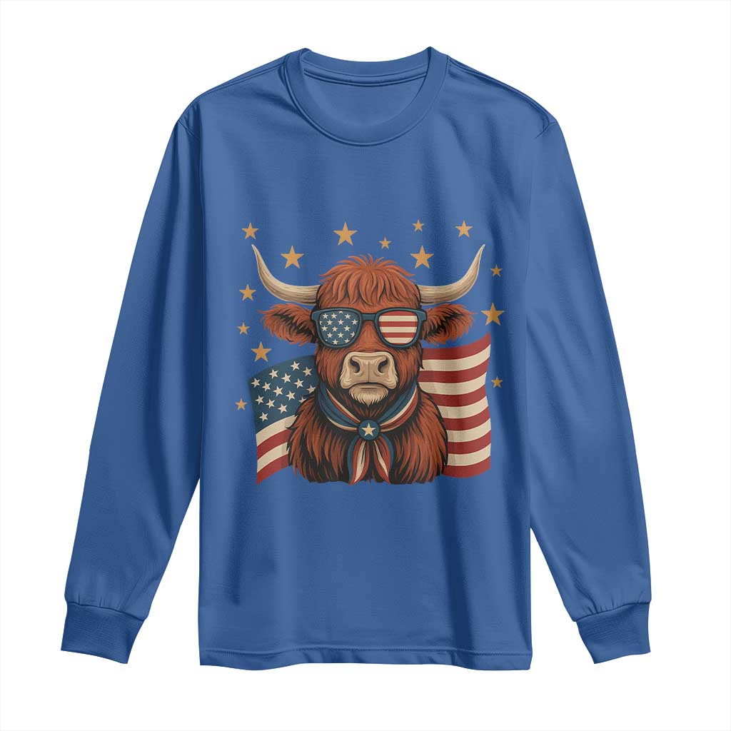 Funny Highland Cow Long Sleeve Shirt USA Flag Patriotic Cow Farmer TS12 Royal Blue Print Your Wear