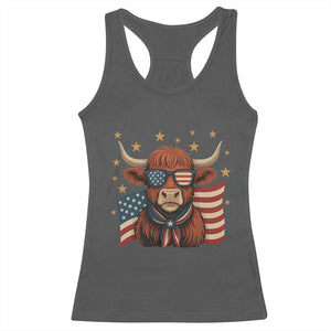 Funny Highland Cow Racerback Tank Top USA Flag Patriotic Cow Farmer TS12 Dark Heather Print Your Wear