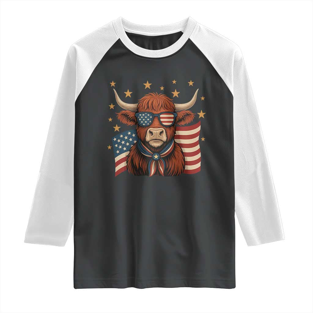 Funny Highland Cow Raglan Shirt USA Flag Patriotic Cow Farmer TS12 Black White Print Your Wear