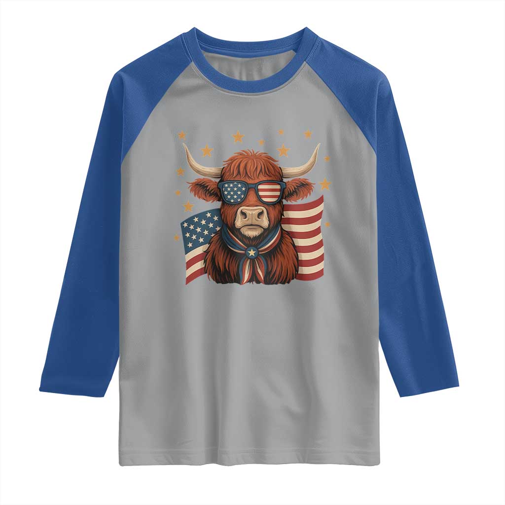 Funny Highland Cow Raglan Shirt USA Flag Patriotic Cow Farmer TS12 Sport Gray Royal Print Your Wear