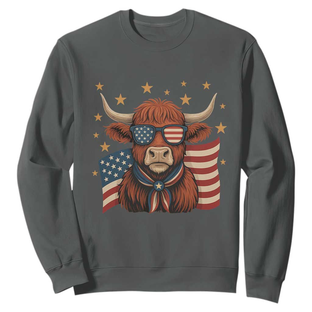 Funny Highland Cow Sweatshirt USA Flag Patriotic Cow Farmer TS12 Dark Heather Print Your Wear