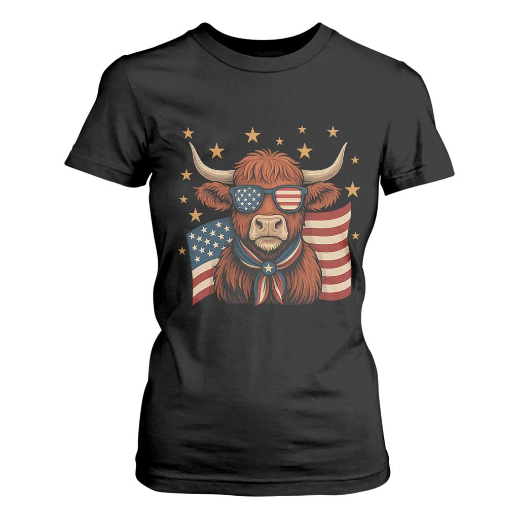 Funny Highland Cow T Shirt For Women USA Flag Patriotic Cow Farmer TS12 Black Print Your Wear