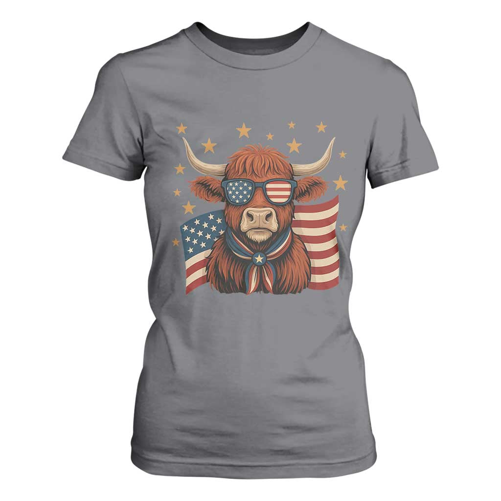 Funny Highland Cow T Shirt For Women USA Flag Patriotic Cow Farmer TS12 Charcoal Print Your Wear
