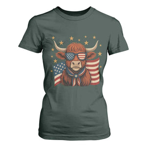 Funny Highland Cow T Shirt For Women USA Flag Patriotic Cow Farmer TS12 Dark Forest Green Print Your Wear