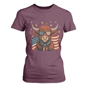 Funny Highland Cow T Shirt For Women USA Flag Patriotic Cow Farmer TS12 Maroon Print Your Wear